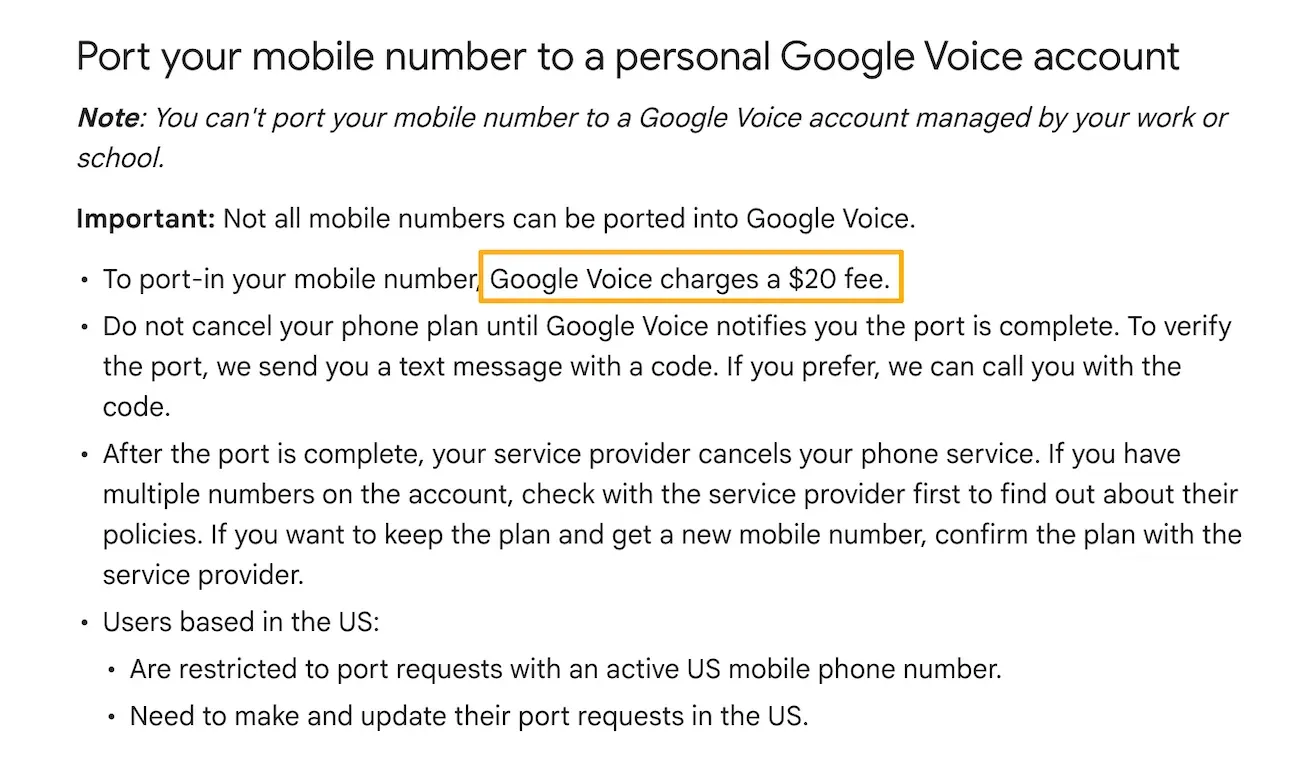 Google voice porting fee